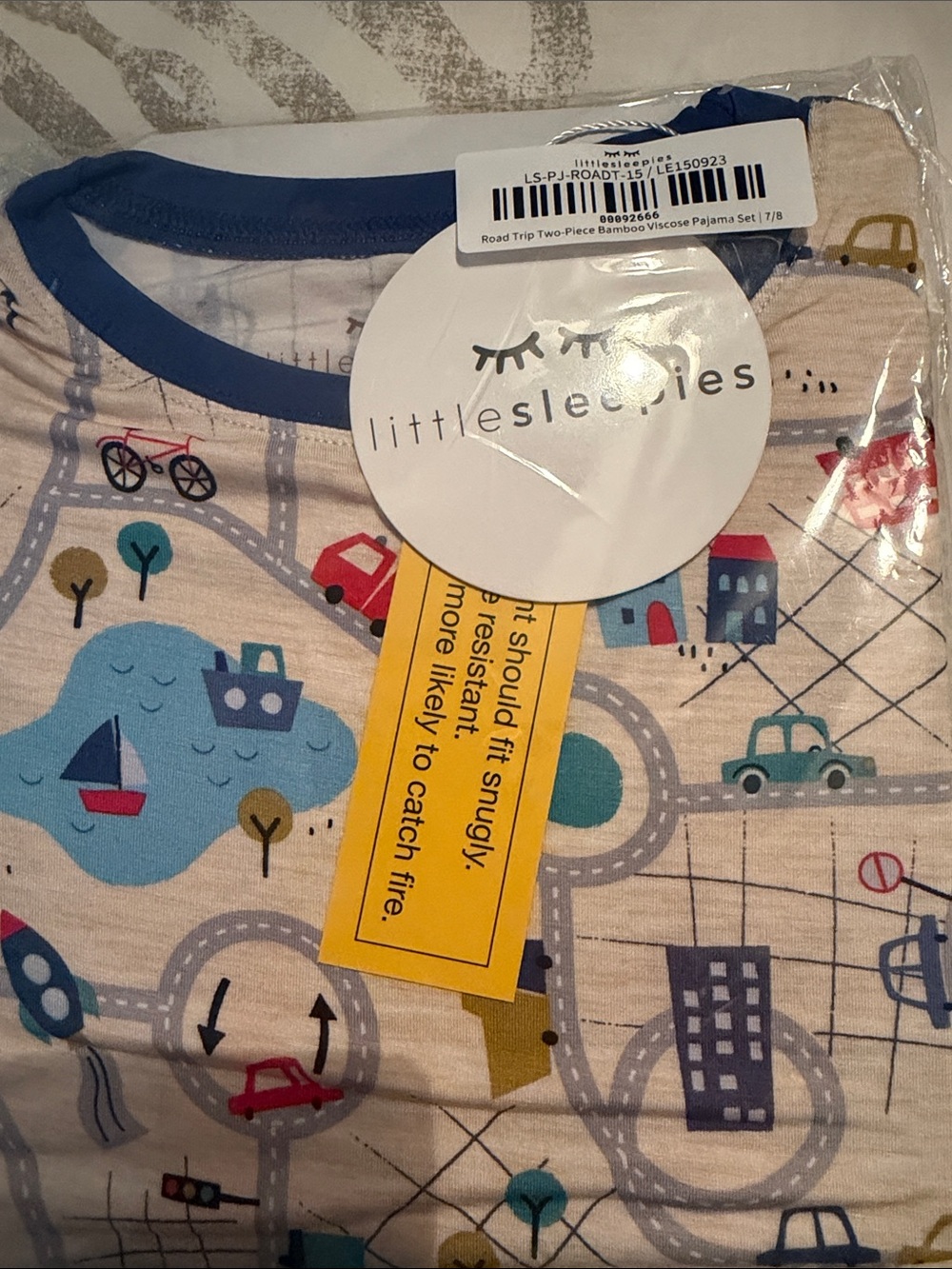Little Sleepies Road Trip Two-Piece Pajama Set - Blue & Cream 7/8 NIB